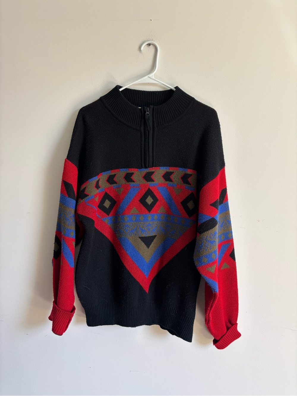 Obermeyer Black, Red & Blue Geo Zip-Up Sweater
